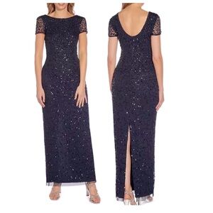 Papell Studio by Adrianna Papell Beaded Column Silhouetted Gown, Navy. Size 10